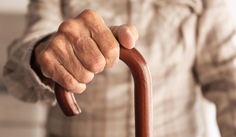 old man walking stick ageing senior citizen shut
